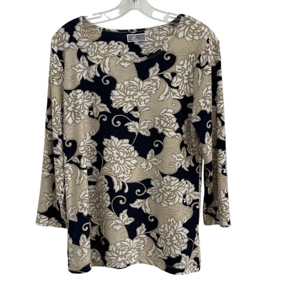 JM Collection Women’s Black Beige Floral Top Medium 3/4 Sleeve Stretch Blouse - Picture 1 of 5
